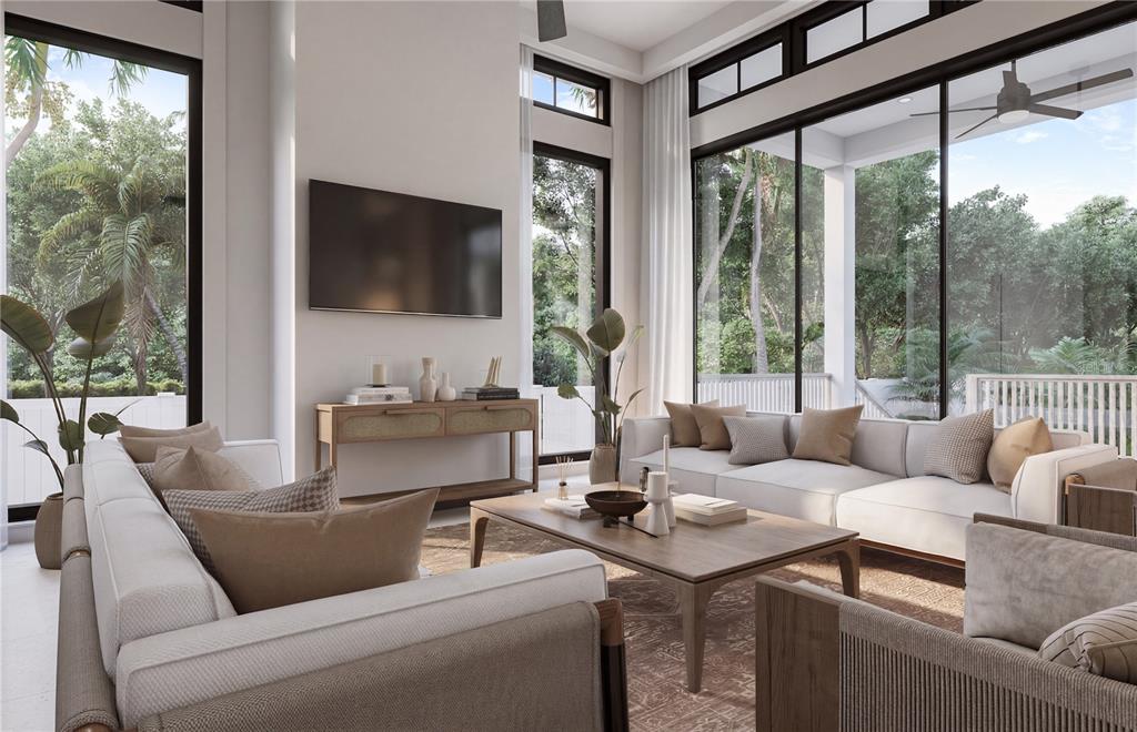 This is a rendering of a modern living room with large windows and neutral furniture — 4179 ROBERTS POINT CIRCLE LOT 17, SARASOTA, FL