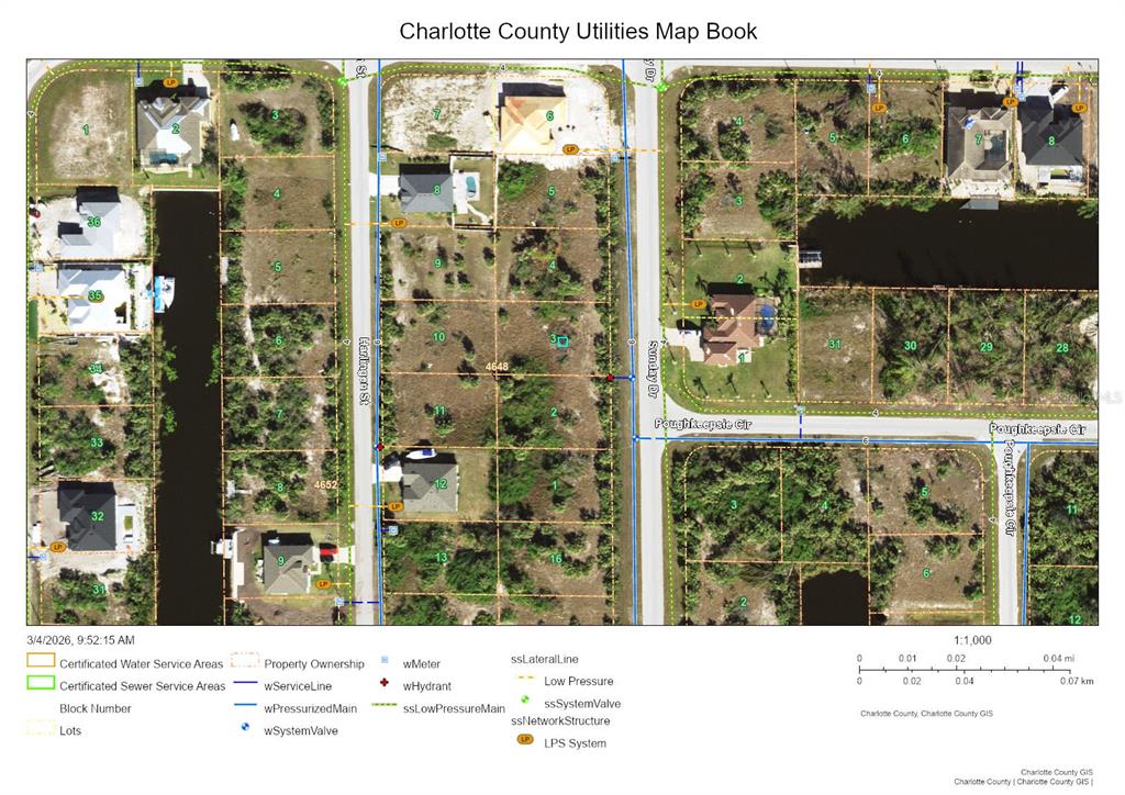 This map shows utility service lines, property boundaries, and lot numbers for a residential area — 10461 SUNDAY DRIVE, PORT CHARLOTTE, FL