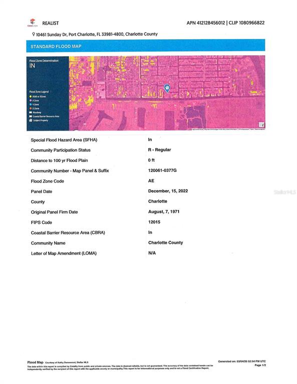 This is a flood map document for a property in Charlotte County, Florida — 10461 SUNDAY DRIVE, PORT CHARLOTTE, FL