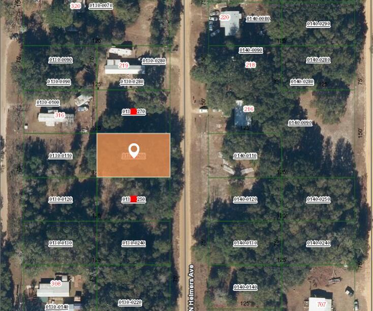 This is a satellite map view showing a highlighted rectangular land parcel along a road — 1 N Helmers Avenue, FL 32148, FL