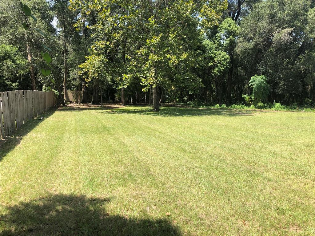 A large, mowed grassy backyard is bordered by a wooden fence and dense trees — 136 S COMMERCIAL STREET, COLEMAN, FL