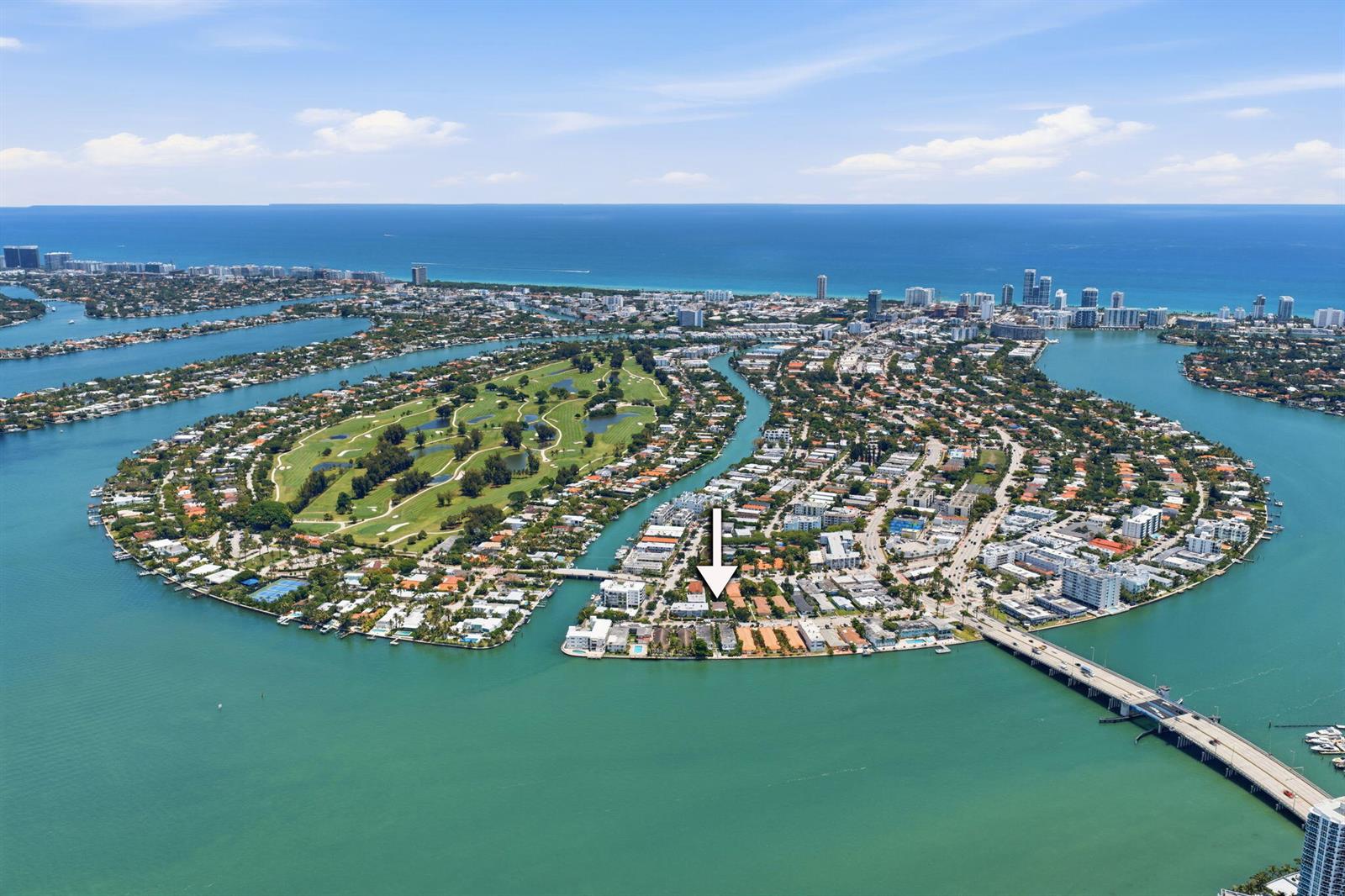 An aerial view of a residential island with a golf course and a marked property — 2183 Bay Drive, Miami Beach FL 33141, MIAMI BEACH, FL