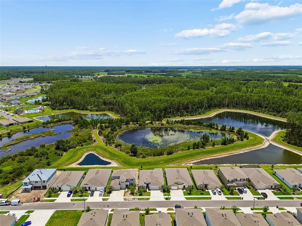 An aerial view shows a suburban neighborhood with houses bordering a series of retention ponds — 7629 BROAD RIVER AVENUE, LAND O LAKES, FL
