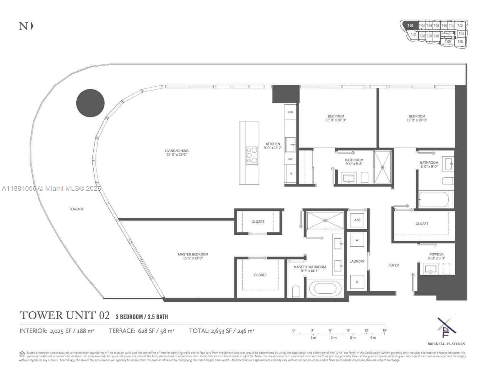 This is a floor plan for a three-bedroom, 3.5-bath residential unit with a large terrace — 1000 Brickell Plz # 3302, Miami FL 33131, MIAMI, FL