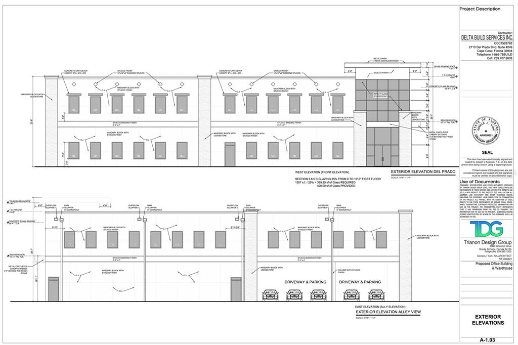 Architectural rendering showing the front and rear exterior elevations of a two-story office building — 1213 CHIQUITA BOULEVARD S, CAPE CORAL, FL