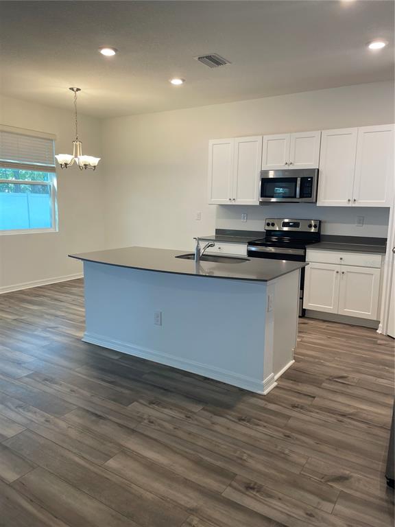 A kitchen features white cabinets, stainless steel appliances, a center island, and wood-look flooring — 34772 MULRION DRIVE, ZEPHYRHILLS, FL