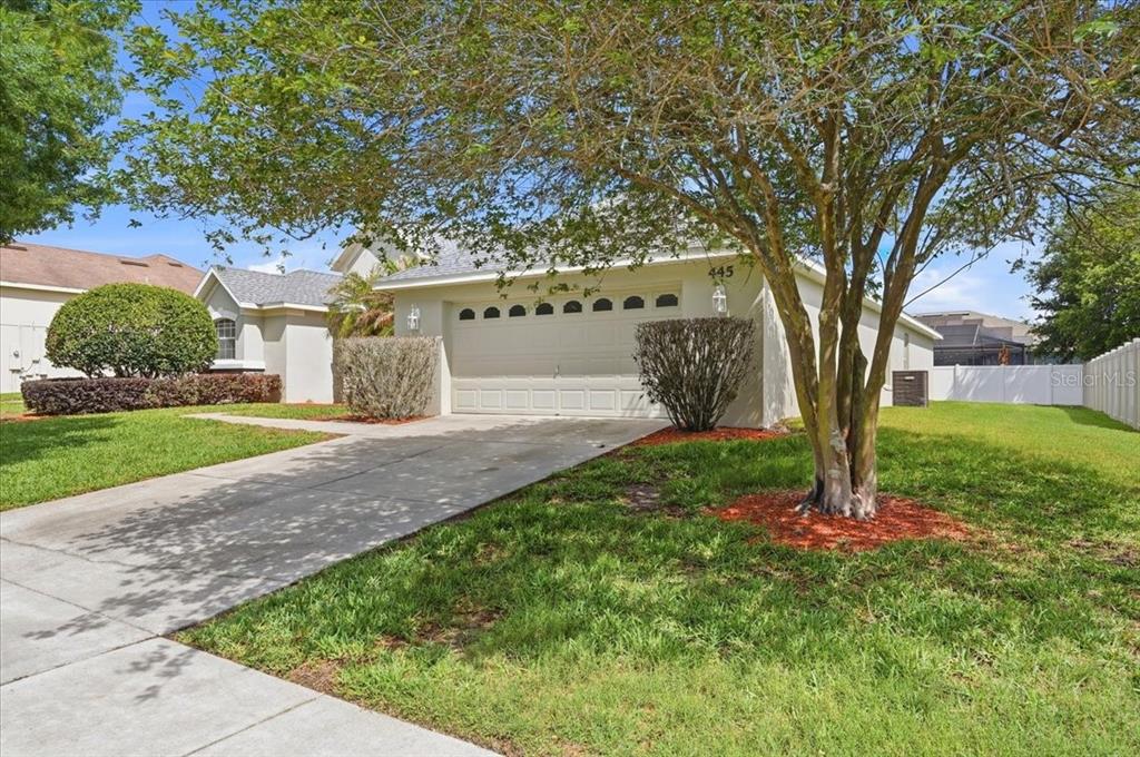 A single-story house with a white garage, a concrete driveway, and a large front tree — 445 AMETHYST AVENUE, AUBURNDALE, FL