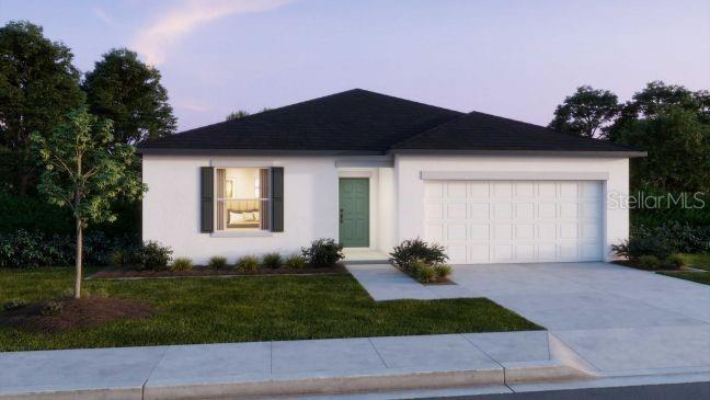 A digital rendering of a single-story house with a white exterior, green door, and garage — 31571 WILD GRAPE LANE, BROOKSVILLE, FL