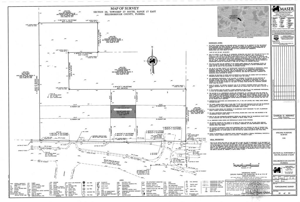 This is a land survey map showing property boundaries, topography, and structures in Hillsborough County, Florida — 16744 RACE TRACK ROAD, ODESSA, FL