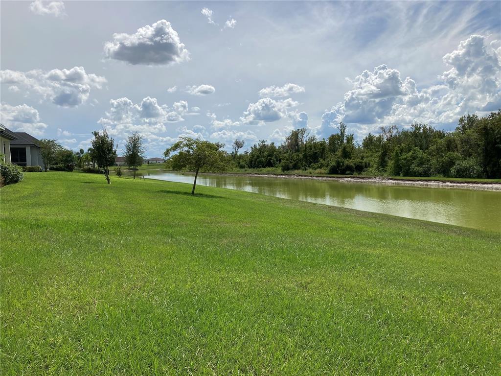 A grassy backyard slopes down toward a pond with trees and houses in the distance — 493 ADAMS VIEW LANE, AUBURNDALE, FL