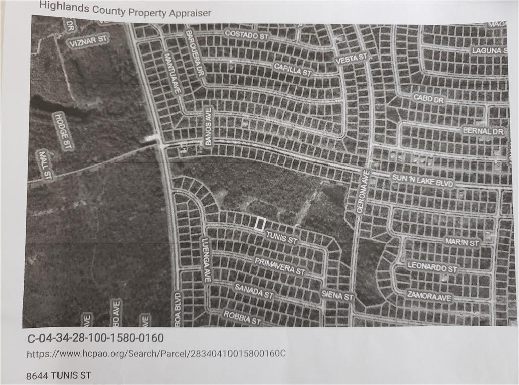 This is a property appraiser map showing a residential lot highlighted on Tunis Street — 8644 Tunis Street, FL 33872, FL