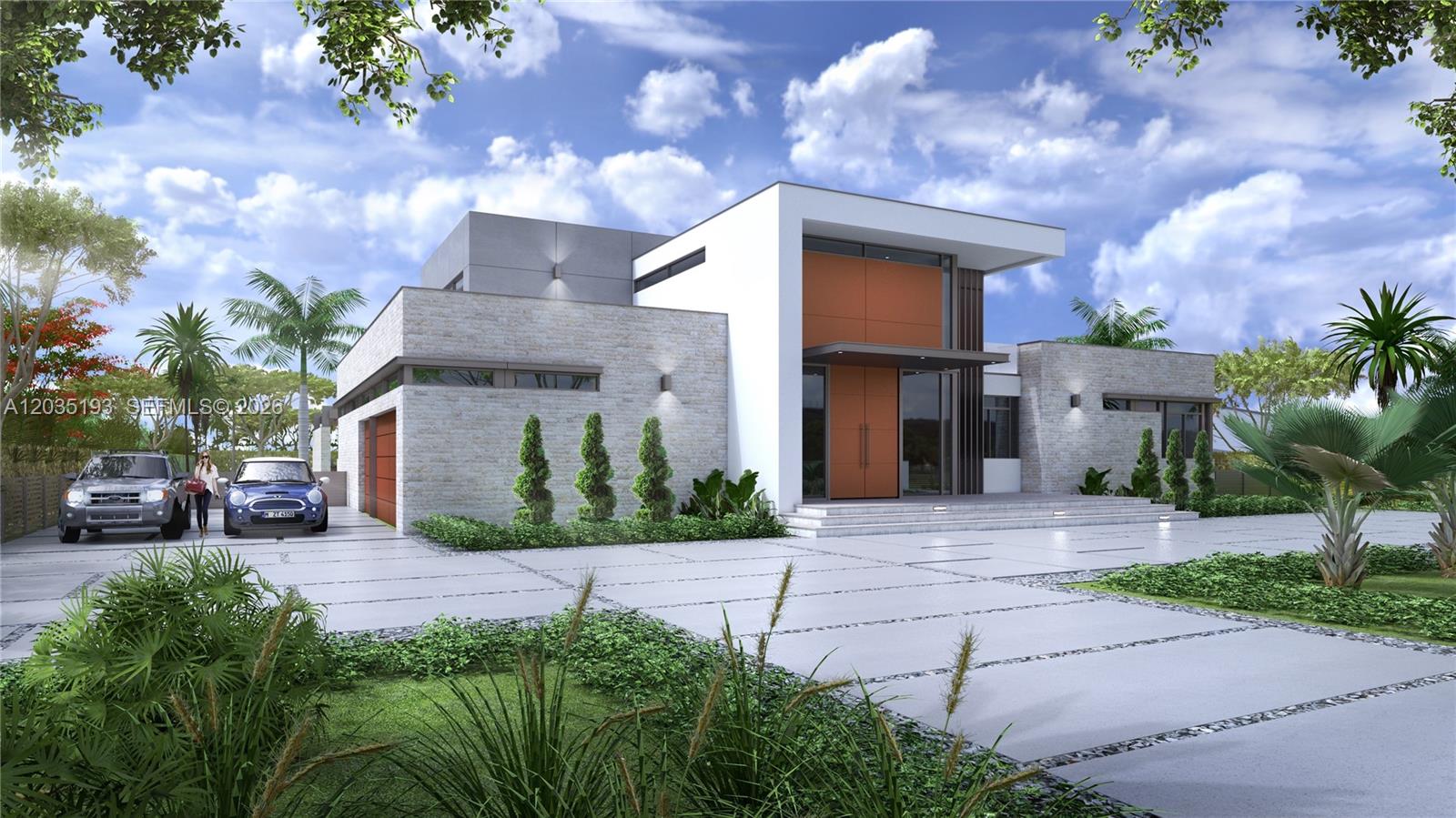 This is a digital architectural rendering of a modern, flat-roofed house with stone exterior walls — 6421 SW 116th St, Pinecrest FL 33156, PINECREST, FL