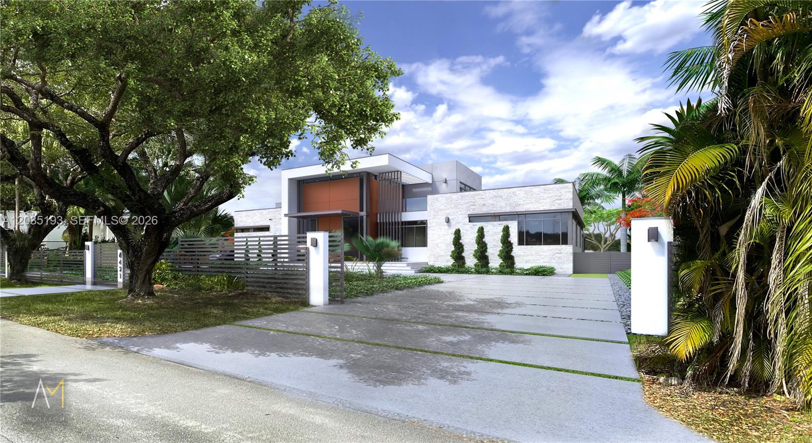 This is a rendering of a modern house with a stone facade and a driveway — 6421 SW 116th St, Pinecrest FL 33156, PINECREST, FL