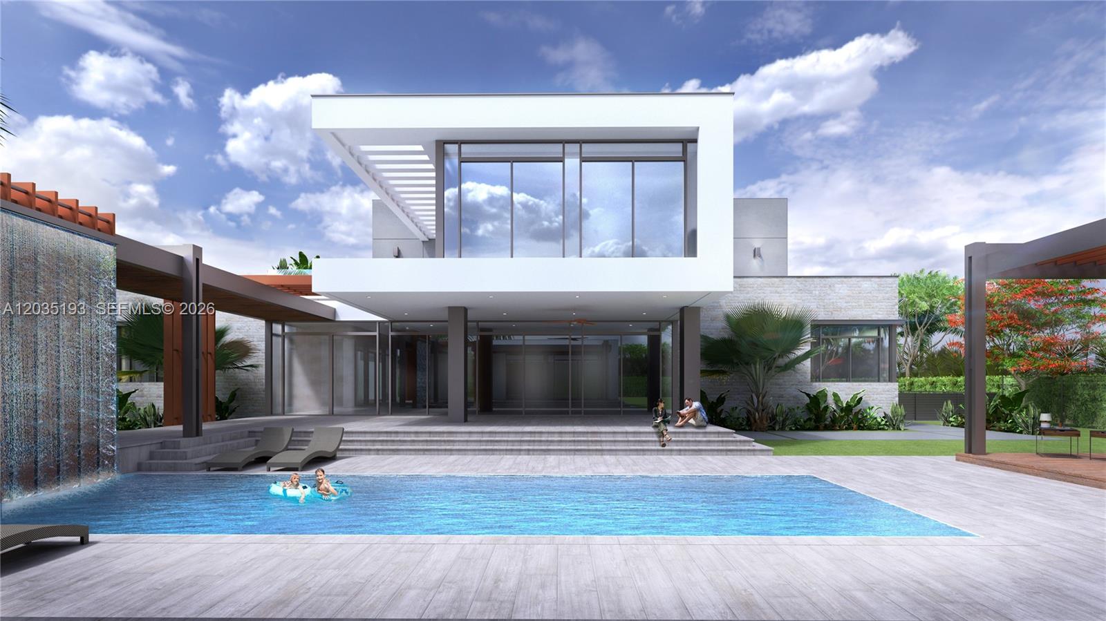 This architectural rendering shows a modern two-story house with a pool and waterfall feature — 6421 SW 116th St, Pinecrest FL 33156, PINECREST, FL