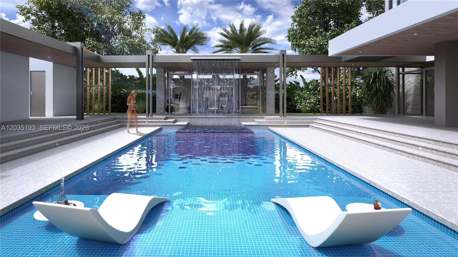 This architectural rendering shows a modern swimming pool with a waterfall feature and lounge chairs — 6421 SW 116th St, Pinecrest FL 33156, PINECREST, FL