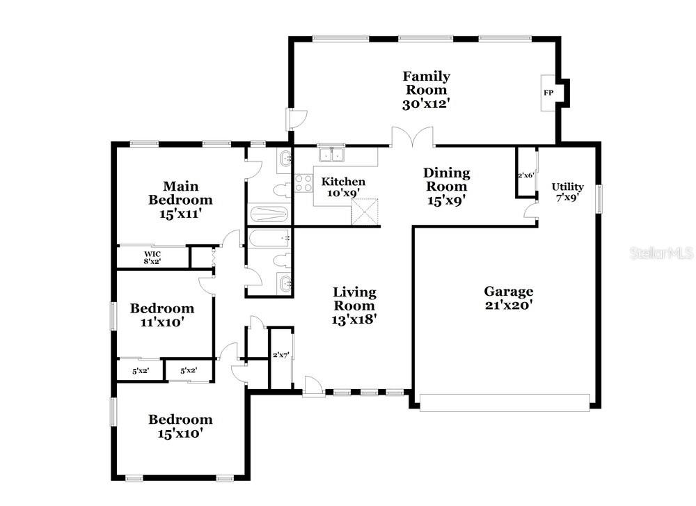This is a floor plan of a single-story house with three bedrooms and a garage — 123 HIDALGO AVENUE, KISSIMMEE, FL