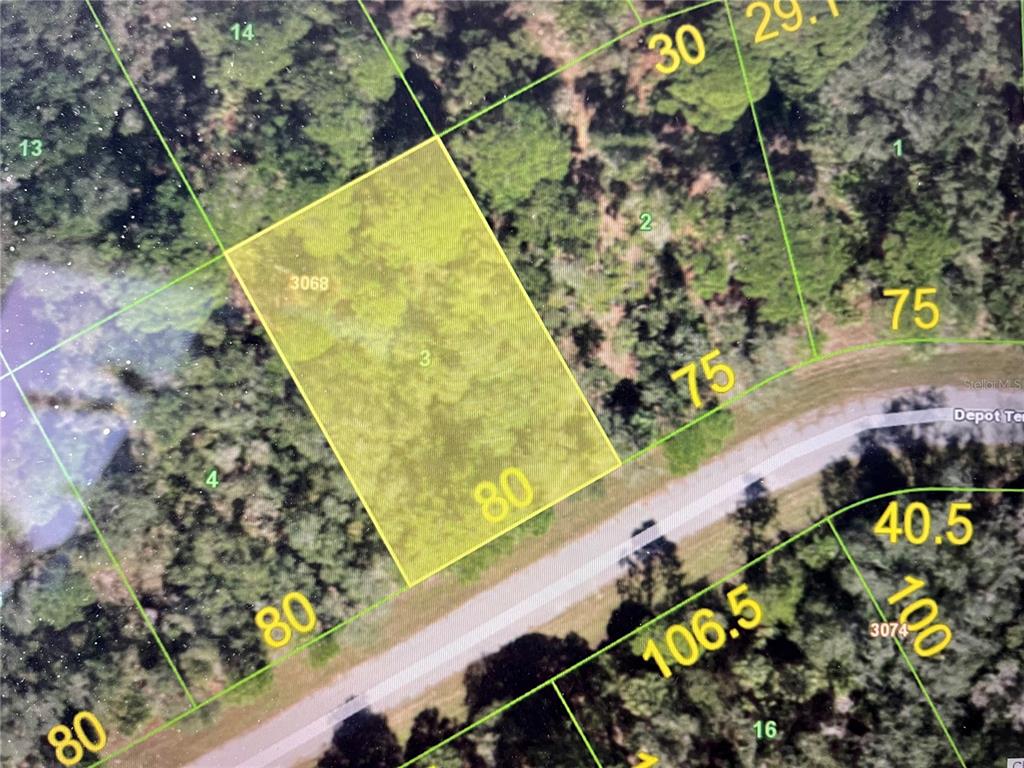This is a map showing a highlighted rectangular land parcel adjacent to a road — 15104 DEPOT TERRACE, PORT CHARLOTTE, FL