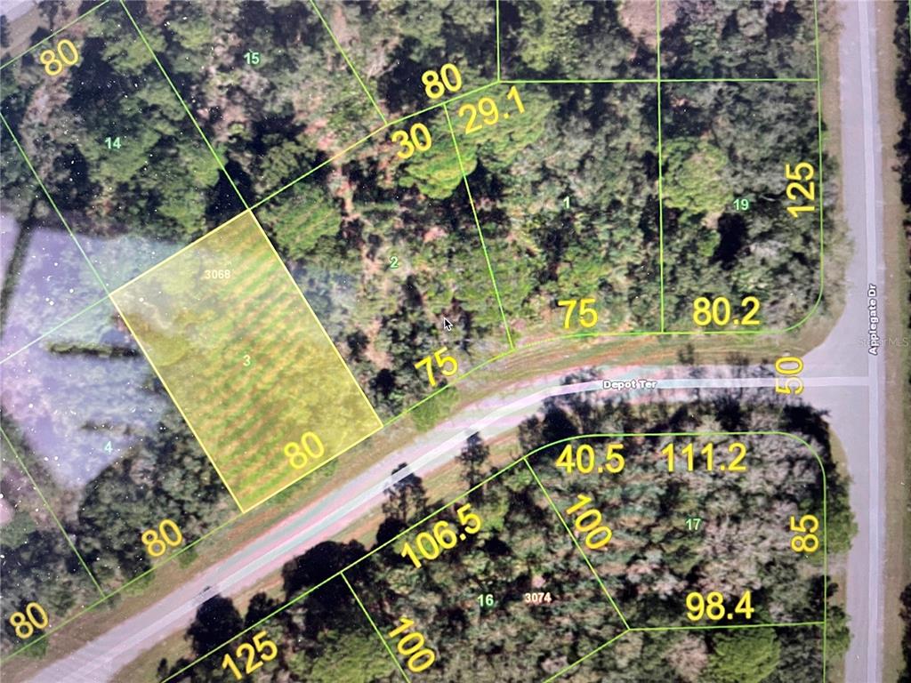 This is a map showing property lot lines and dimensions for a residential area — 15104 DEPOT TERRACE, PORT CHARLOTTE, FL