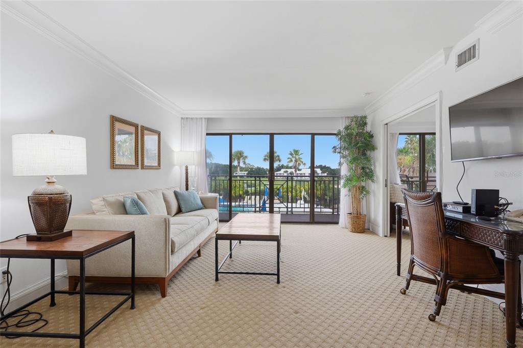 A living room features a beige sofa, a coffee table, and a desk facing a balcony — 29130 BAY HOLLOW DRIVE UNIT 3314, WESLEY CHAPEL, FL
