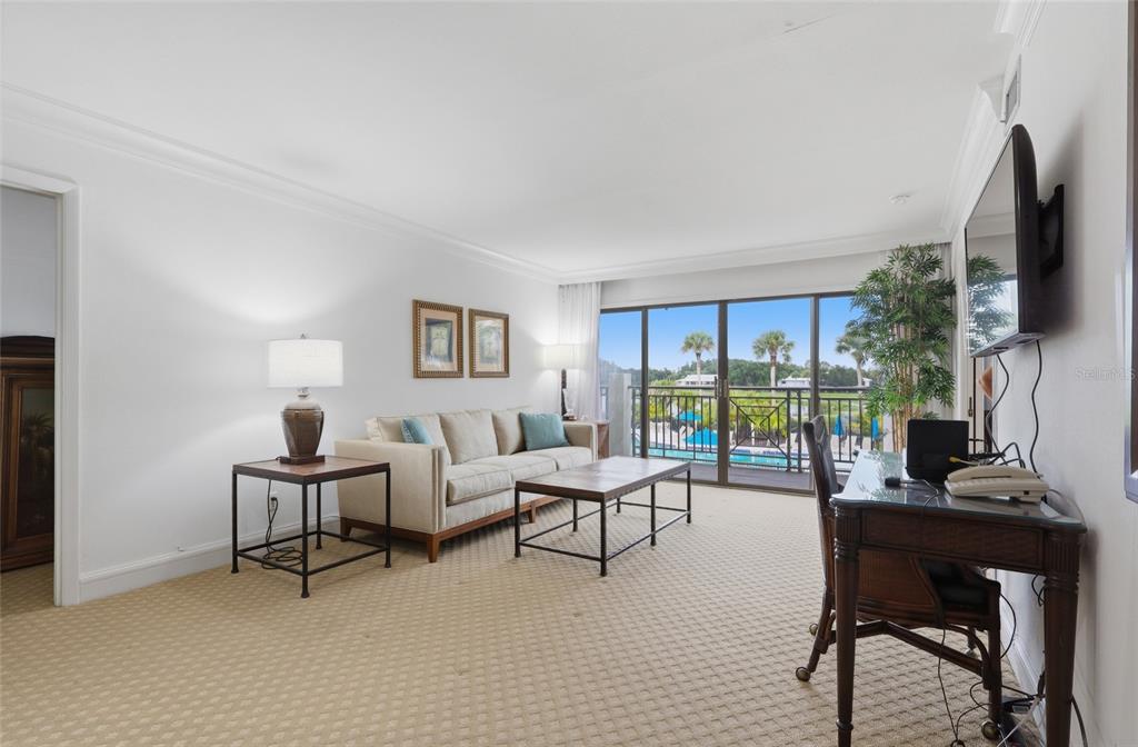 A living room features a beige sofa, a coffee table, a desk, and a balcony view — 29130 BAY HOLLOW DRIVE UNIT 3314, WESLEY CHAPEL, FL