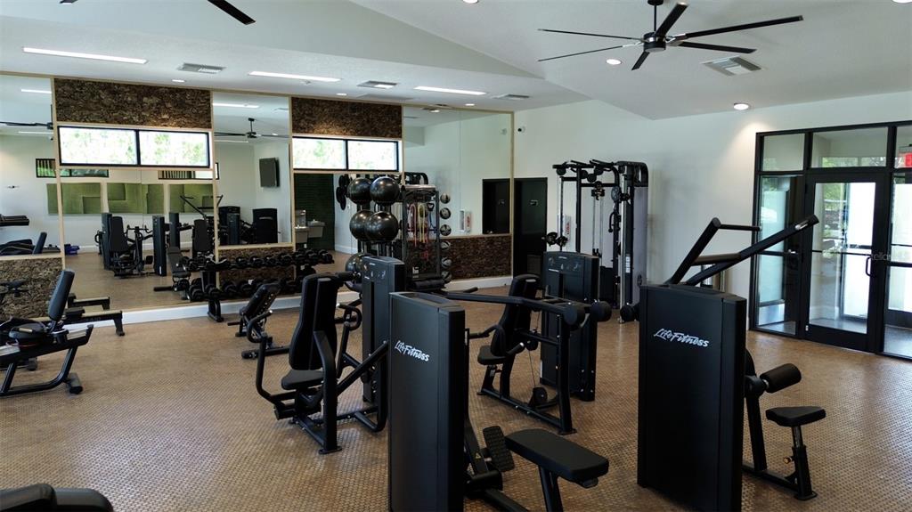This gym features black Life Fitness equipment, mirrored walls, and a textured rubber floor — 323 FISHTAIL PLACE, PALM COAST, FL