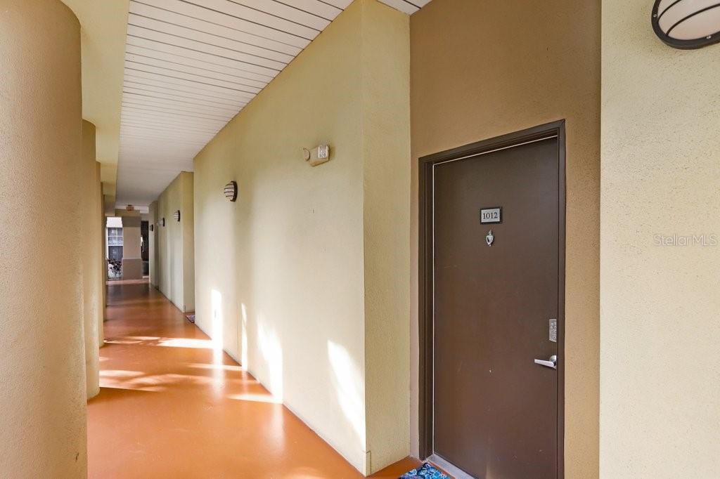 An outdoor apartment hallway with a brown door labeled 1012 and beige walls — 2440 W HORATIO STREET UNIT 1012, TAMPA, FL