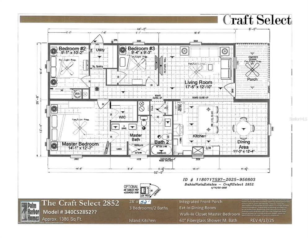 This is a floor plan for a three-bedroom, two-bathroom home with an integrated front porch — 449 STONE STREET, WILDWOOD, FL