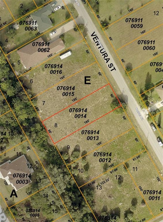 This is an aerial map showing property lot lines and parcel numbers for a residential area — Lot 8 VENTURA STREET, NORTH PORT, FL