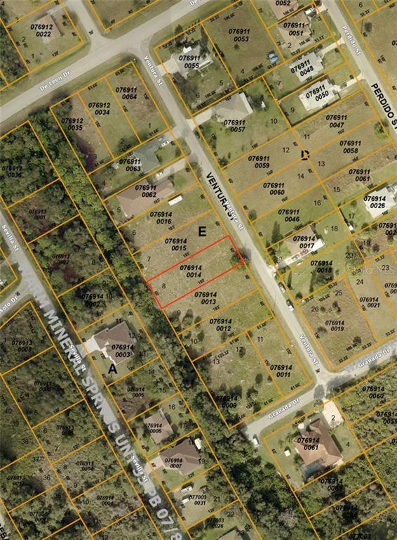 This is an aerial map showing residential lots and street layouts in a neighborhood — Lot 8 VENTURA STREET, NORTH PORT, FL