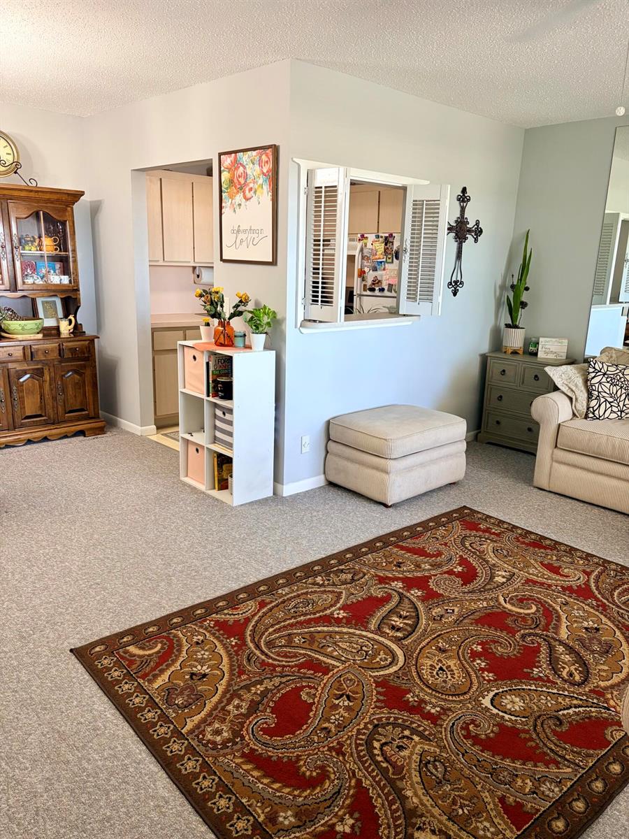 A living room features a pass-through window to the kitchen, a hutch, and a rug — 14 Easthampton A, West Palm Beach FL 33417, WEST PALM BEACH, FL