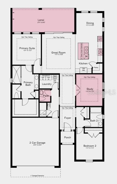 This is a floor plan for a single-story home featuring two bedrooms, a study, and garage — 7416 MOONBEAM AVENUE, SARASOTA, FL