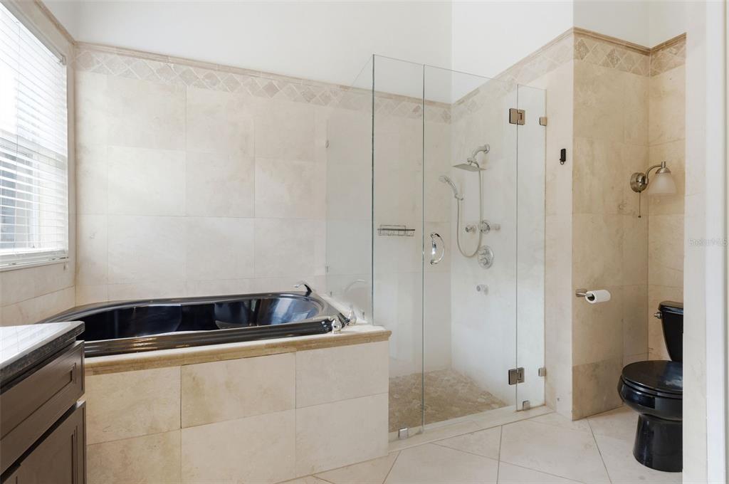 A bathroom features a black soaking tub, a glass-enclosed shower, and a black toilet — 13714 HUNTWICK DRIVE, ORLANDO, FL