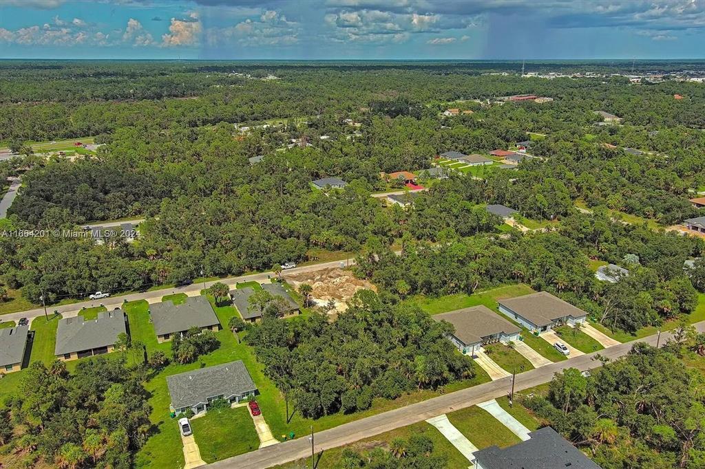 An aerial view shows a residential neighborhood with houses surrounded by dense green trees — 17124 CARLEEN AVENUE, PORT CHARLOTTE, FL