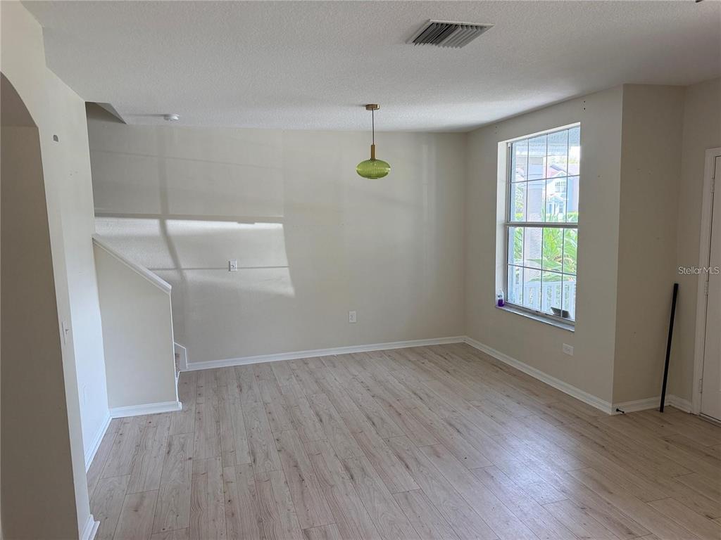 An empty room features light wood-look flooring, a green pendant light, and a large window — 1532 BLUE MAGNOLIA ROAD, BRANDON, FL