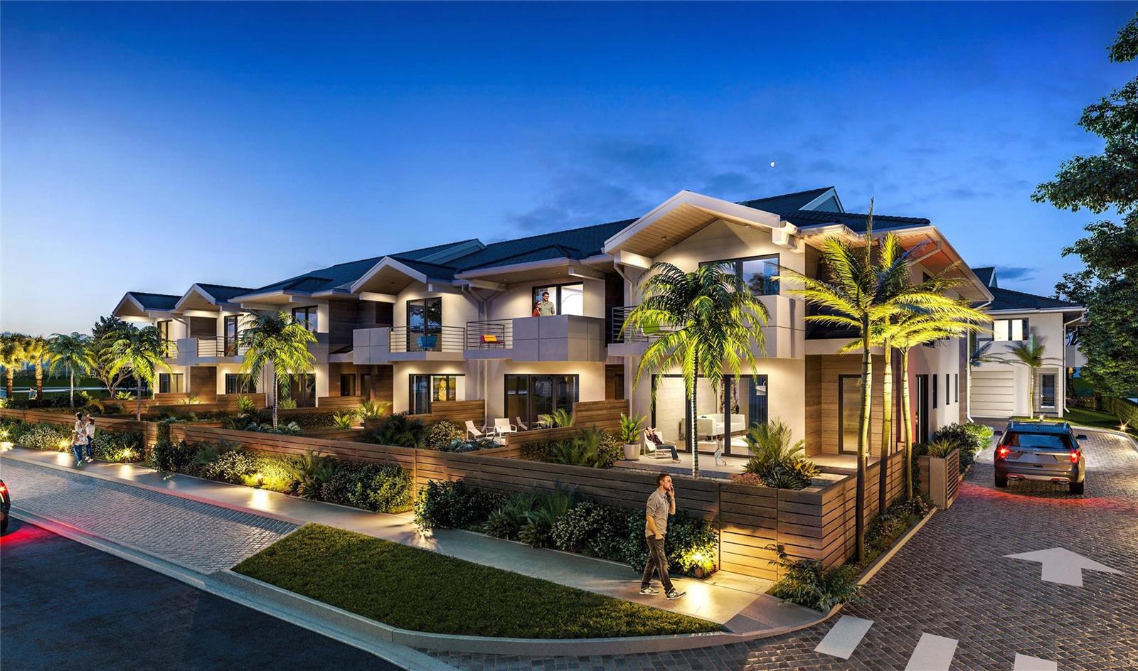 This architectural rendering shows the exterior of a modern multi-unit residential building at dusk — 3863 NE 23rd Avenue # 8, Lighthouse Point FL 33064, LIGHTHOUSE POINT, FL