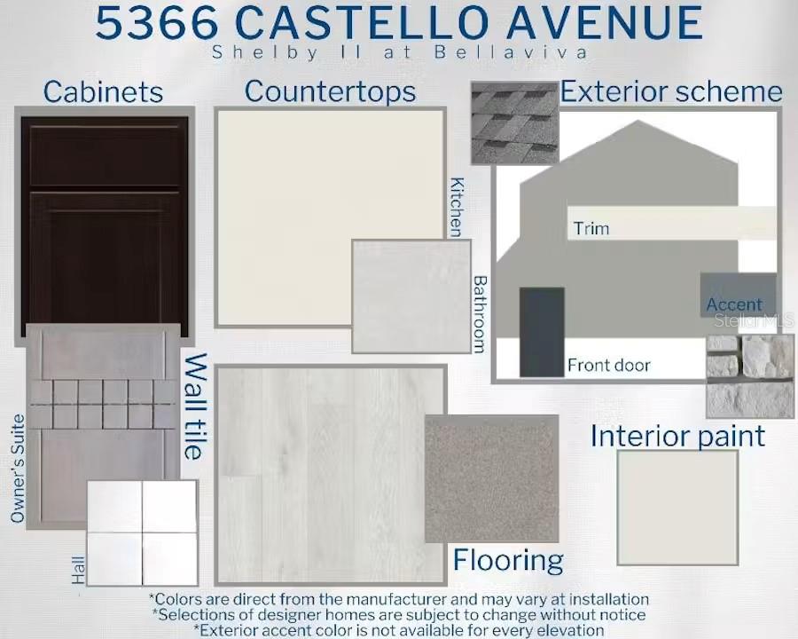 This design board displays interior and exterior finish selections for a new home construction project — 5366 CASTELLO AVENUE, AUBURNDALE, FL