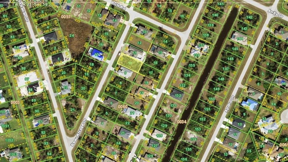 This is a satellite map showing residential lots and streets in a suburban neighborhood — 119 BEAU RIVAGE DRIVE, ROTONDA WEST, FL
