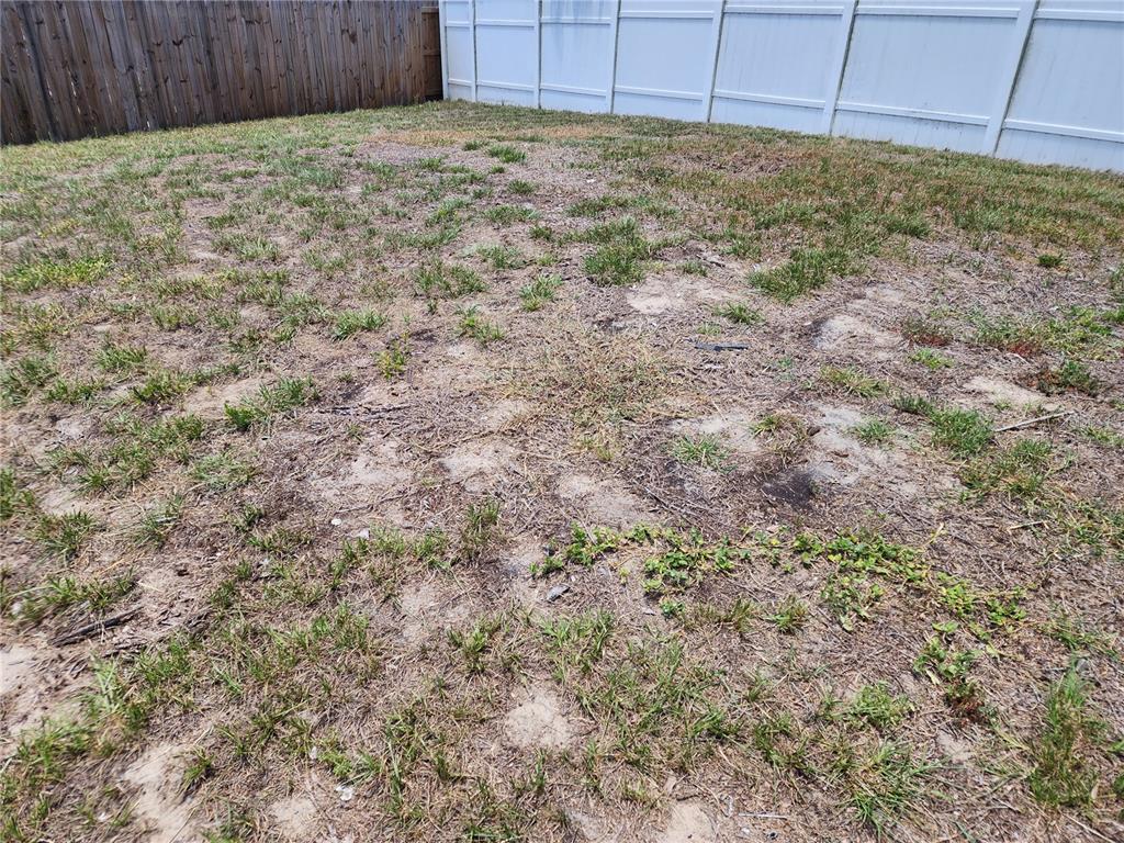 A backyard features sparse grass and patches of dirt enclosed by wooden and vinyl fencing — 7507 WAKULLA DRIVE, TEMPLE TERRACE, FL
