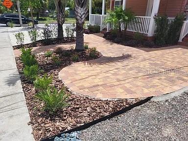 A paved walkway leads to a house entrance with landscaped garden beds and palm trees — 232 CYPRESS STREET, TARPON SPRINGS, FL