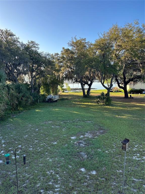 A grassy backyard features large oak trees, a small boat, and a birdhouse — 212 ASHLEY STREET, HAWTHORNE, FL