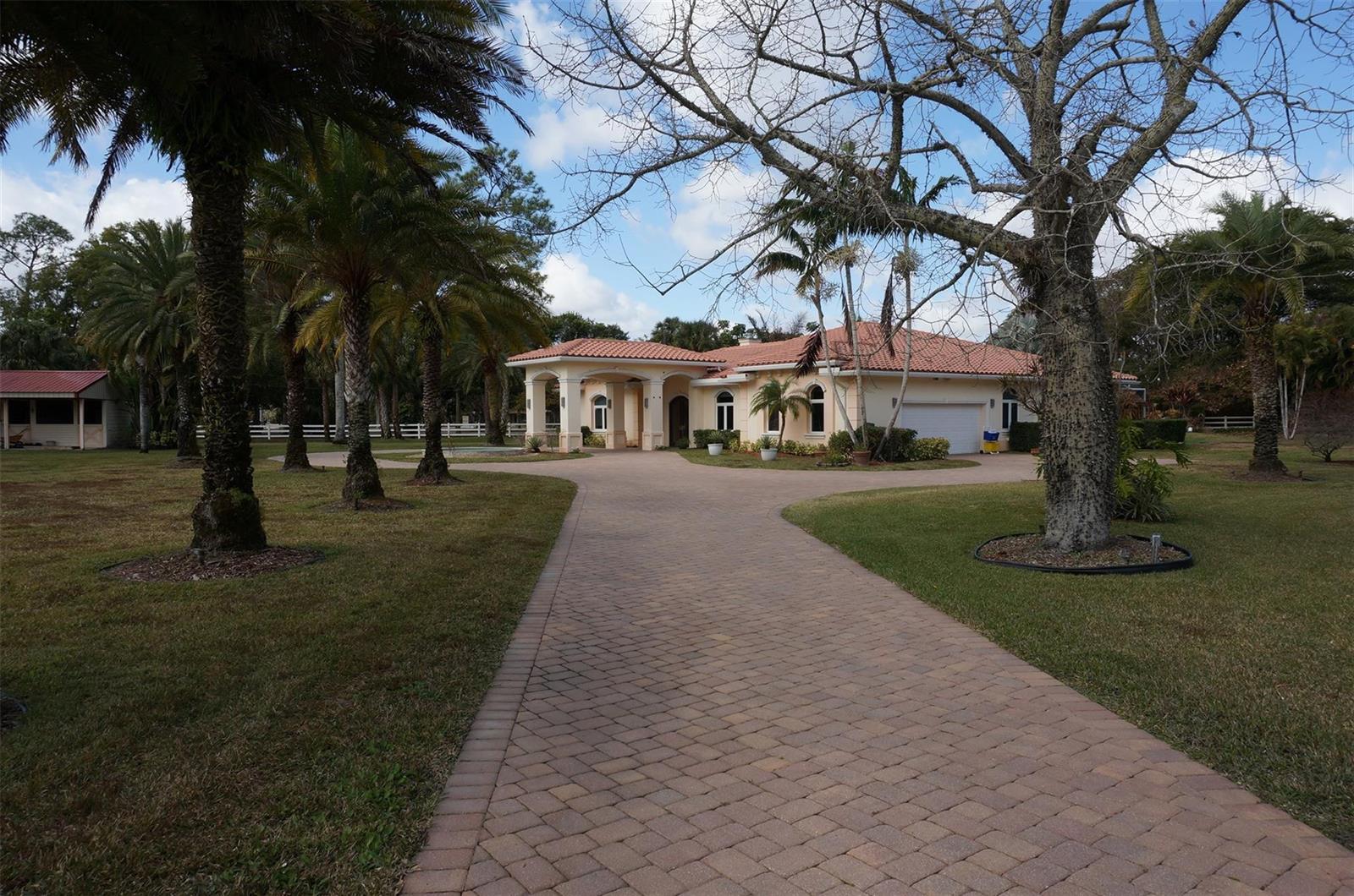 A paved driveway leads to the front entrance of a single-story house with palm trees — 650 E Rambling Drive, Wellington FL 33414, WELLINGTON, FL