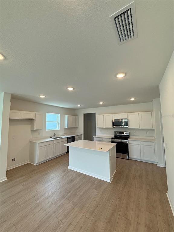 A kitchen features white cabinets, stainless steel appliances, a center island, and light wood flooring — 13025 RED DEER PLACE, PARRISH, FL