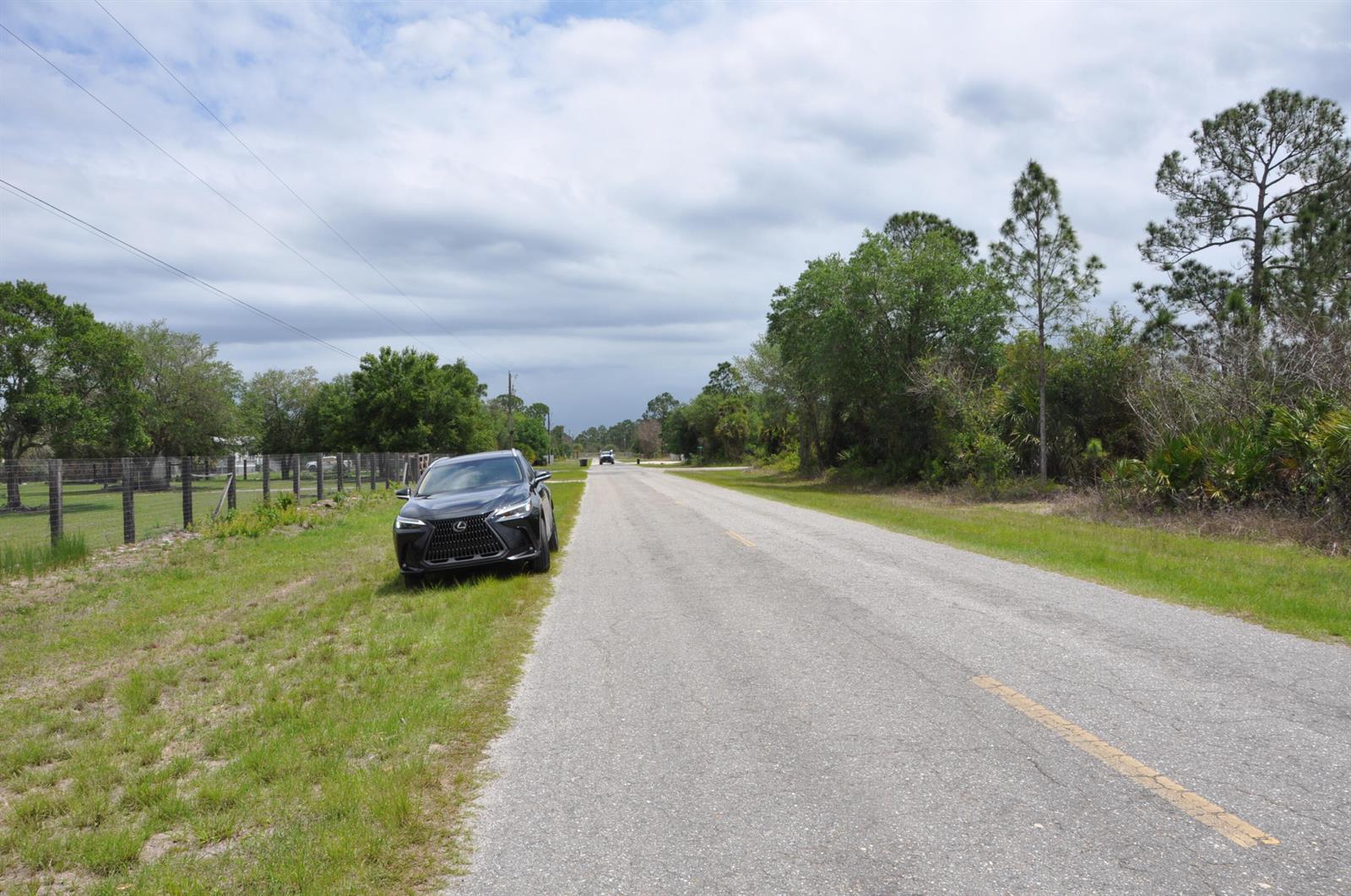 A black Lexus SUV is parked on the grassy shoulder of a rural asphalt road — 636 Montura Avenue, Clewiston FL 33440, CLEWISTON, FL