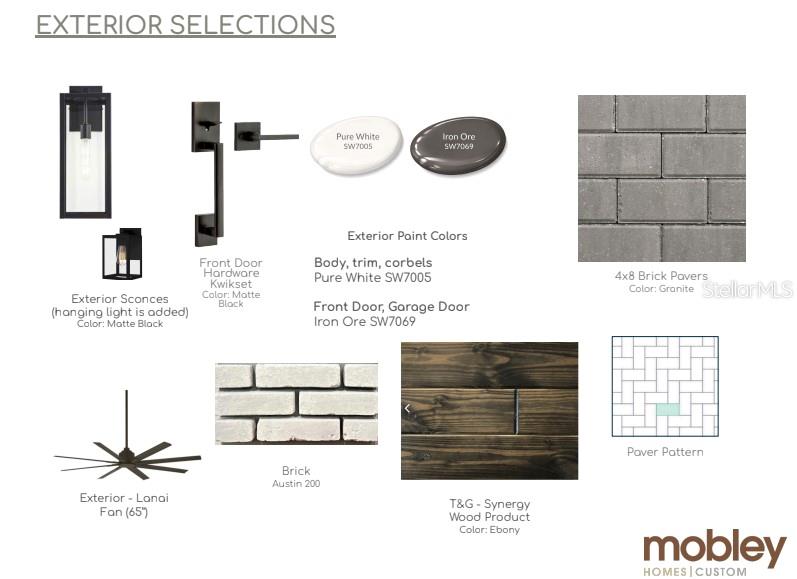 This image is a design board showing exterior paint colors, lighting, hardware, brick, and wood finishes — 530 SEVERN AVENUE, TAMPA, FL