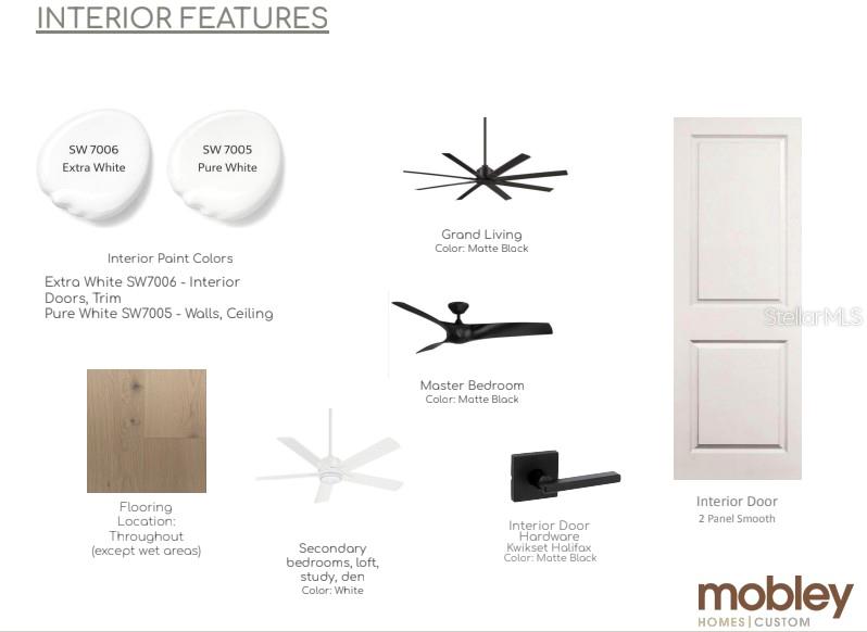 This interior design specification sheet displays paint colors, flooring, ceiling fans, and door hardware — 530 SEVERN AVENUE, TAMPA, FL