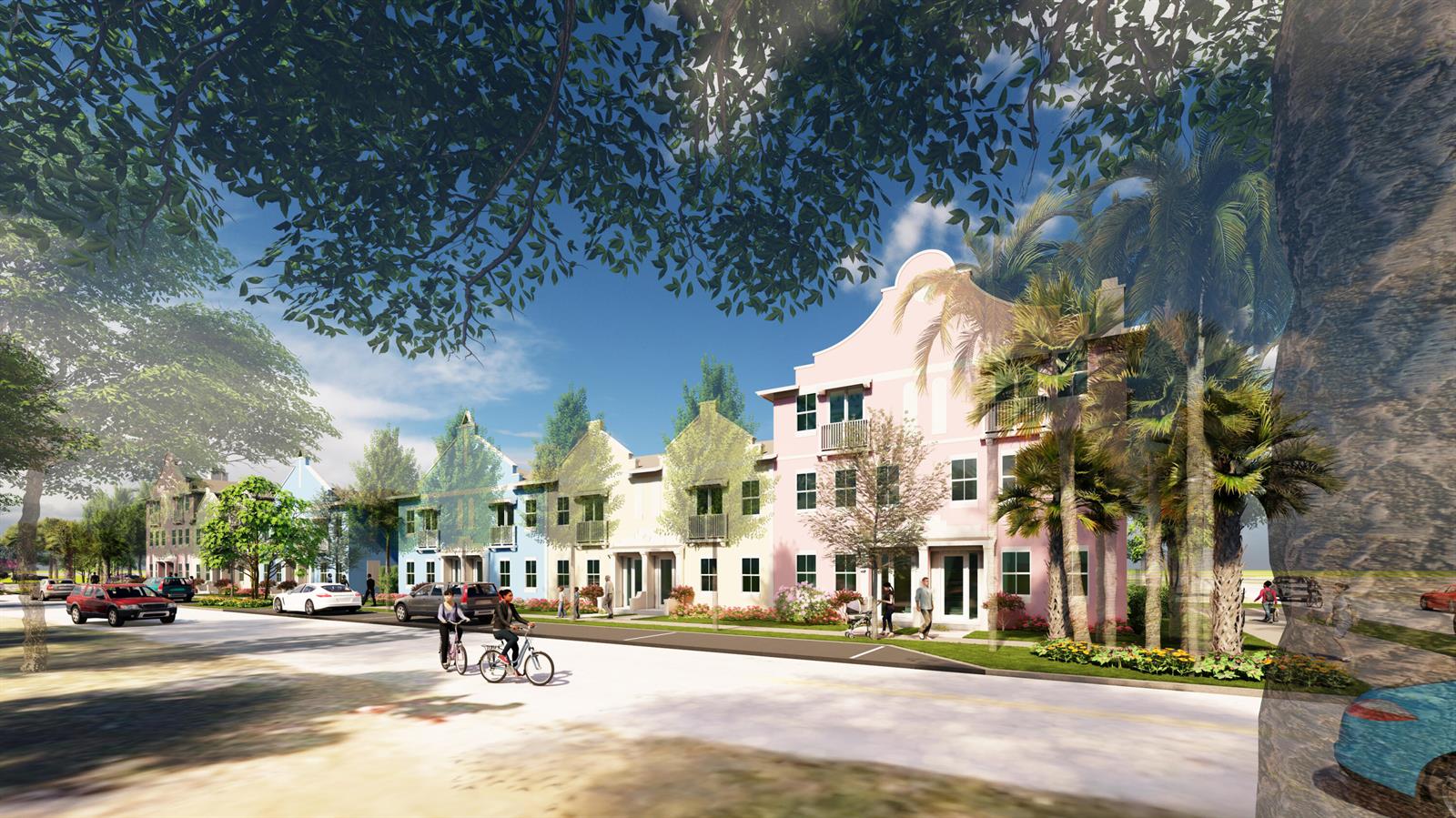 This architectural rendering shows a row of colorful townhouses along a tree-lined street — 1102 W 11th Street, Riviera Beach FL 33404, RIVIERA BEACH, FL
