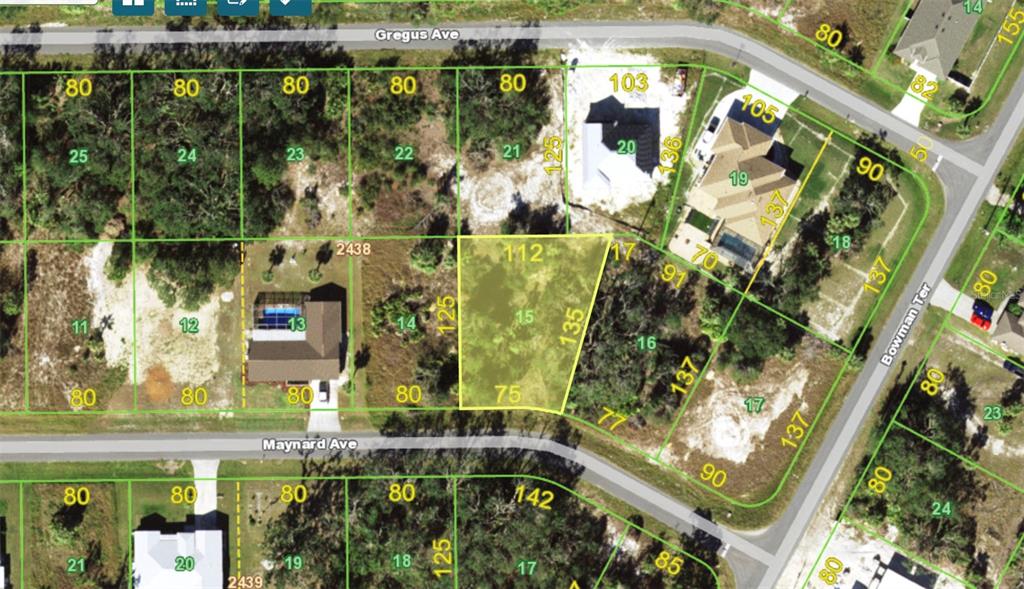 This is a map showing a highlighted vacant residential lot in a suburban neighborhood — 15578 MAYNARD AVENUE, PORT CHARLOTTE, FL