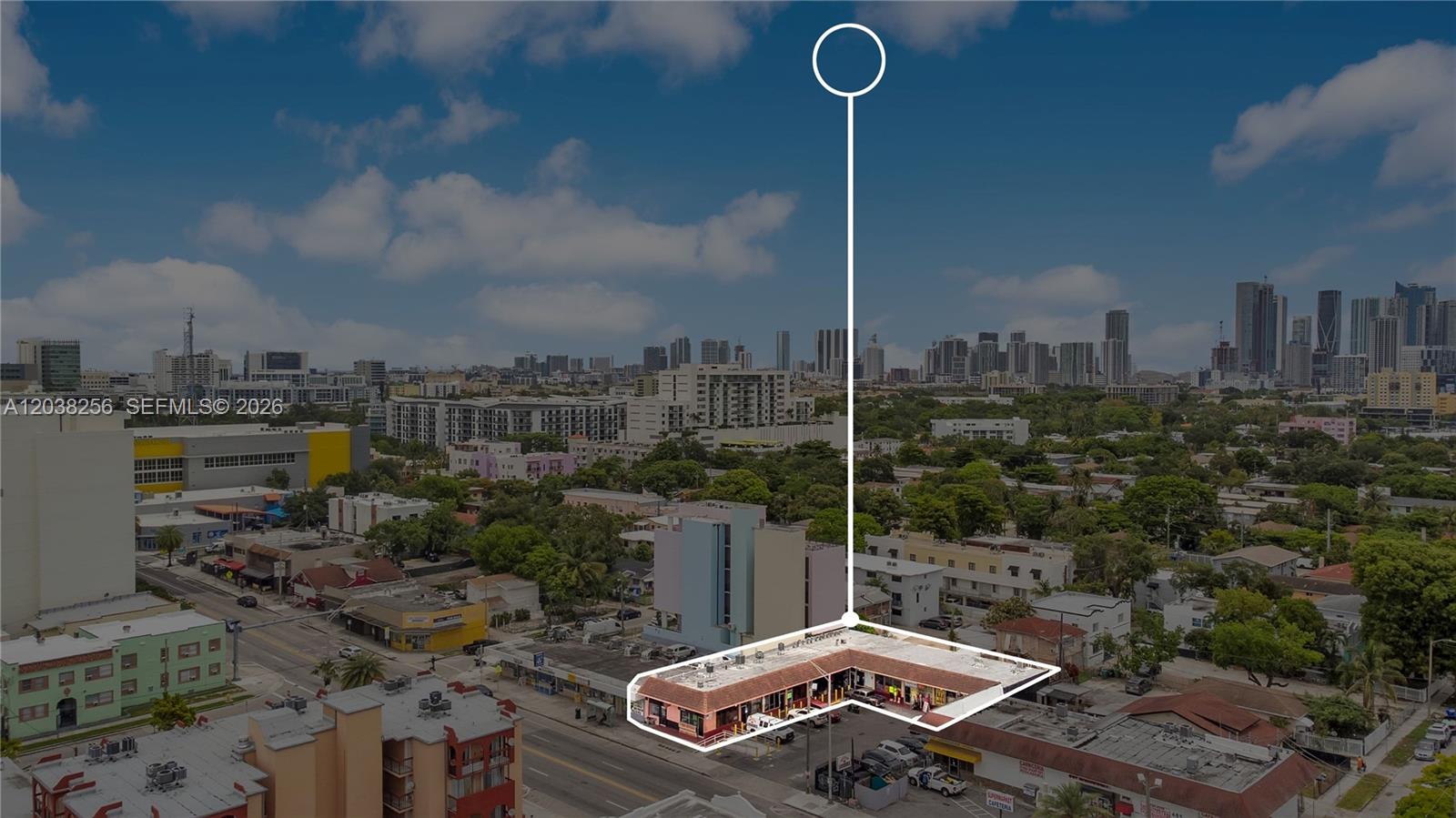 An aerial view shows an L-shaped commercial strip mall building with a flat roof — 425 NW 12th ave suite j-k, Miami FL 33128, MIAMI, FL