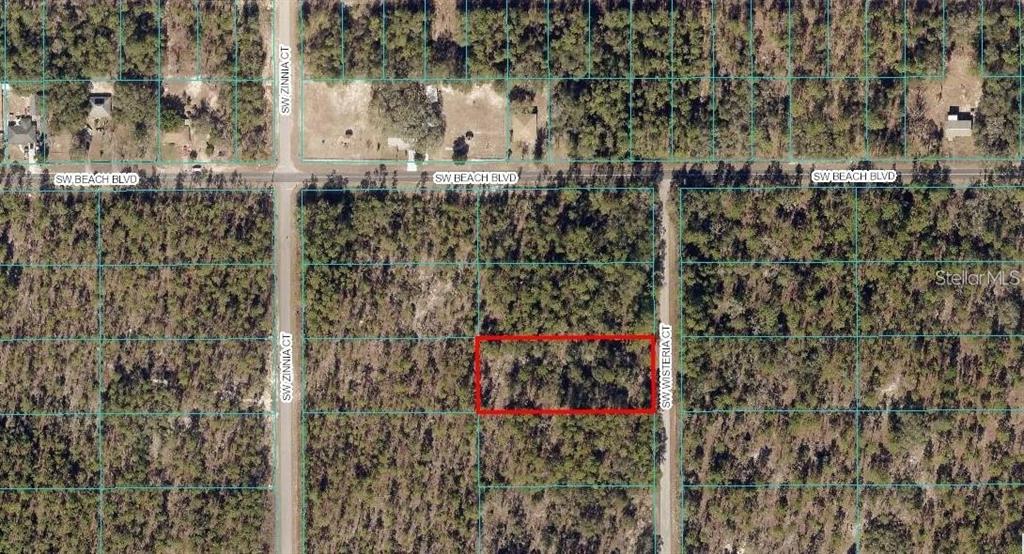 This is an aerial map showing a rectangular lot outlined in red — SW WISTERIA COURT, DUNNELLON, FL