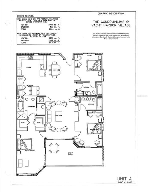 This is a floor plan for a three-bedroom condominium unit with a large exterior balcony — 102 YACHT HARBOR DRIVE UNIT 371, PALM COAST, FL